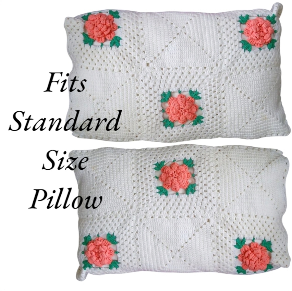 Vintage Set (2) Crochet Standard Sham / Pillow Cases with 3D Rose Floral Design